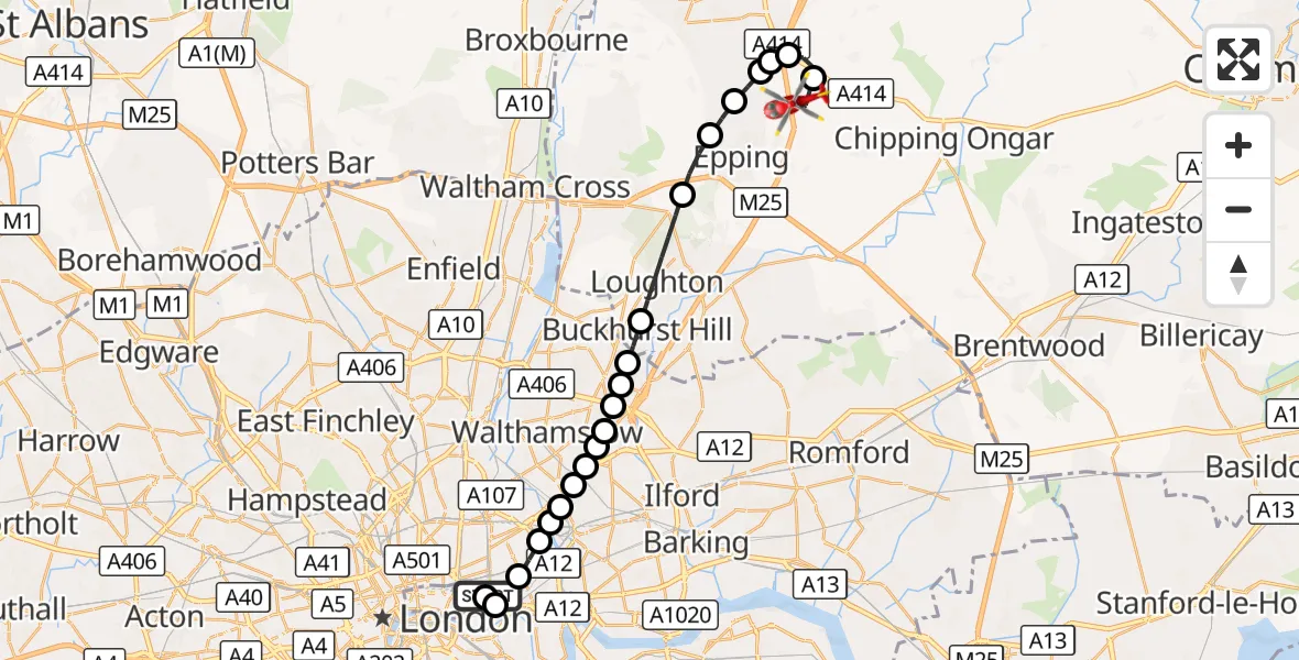 Flight route Air Ambulance Helicopter Royal London Hospital - North Weald Airfield, 14 October 2026, 11:04
