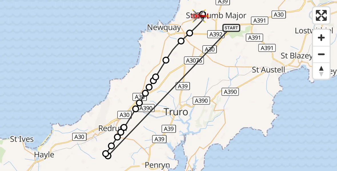 Flight route Air Ambulance Helicopter St. Columb Major - Cornwall Airport Newquay, 14 October 2026, 11:10
