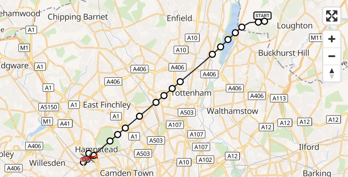 Flight route Air Ambulance Helicopter Metropolitan Police Air Support Unit Lippitts Hill - South Hampstead, 14 October 2026, 11:16