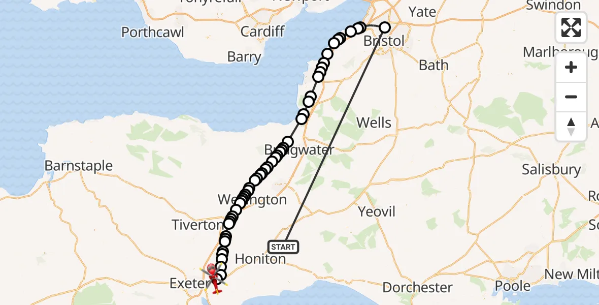 Flight route Air Ambulance Helicopter Stockland - Exeter International Airport, 14 October 2026, 11:26