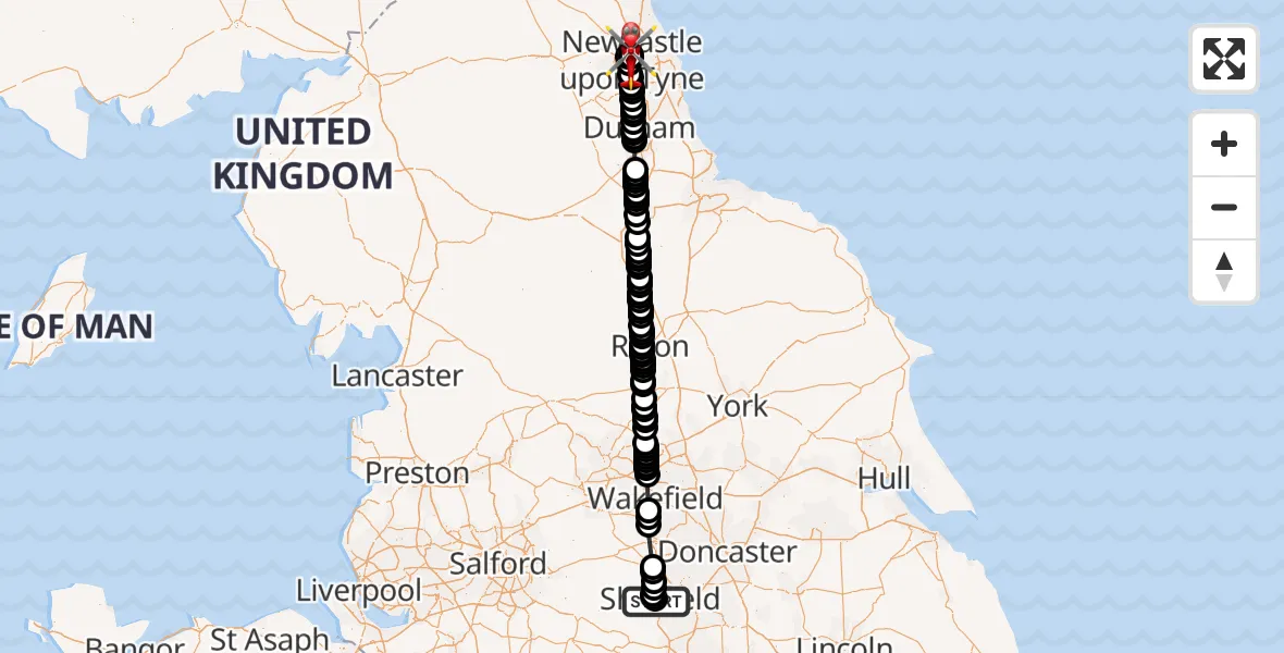 Flight route Air Ambulance Helicopter Sheffield Childrens Hospital - Newcastle Royal Victoria Infirmary, 14 October 2026, 11:29