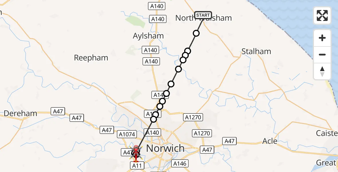 Flight route Air Ambulance Helicopter North Walsham - Norfolk & Norwich Hospital, 14 October 2026, 11:29