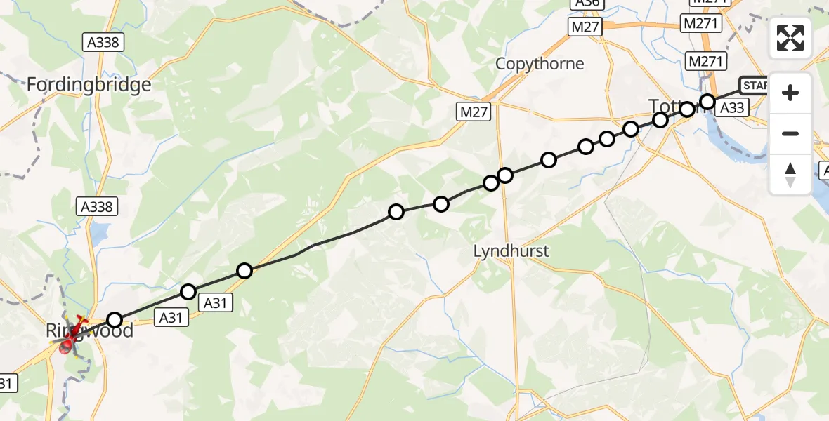 Flight route Air Ambulance Helicopter Old Shirley - Ringwood, 14 October 2026, 11:42