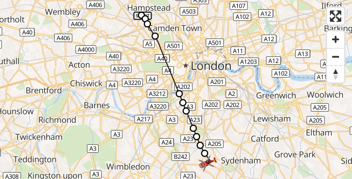 Flight route Air Ambulance Helicopter West Hampstead - West Norwood, 14 October 2026, 11:43