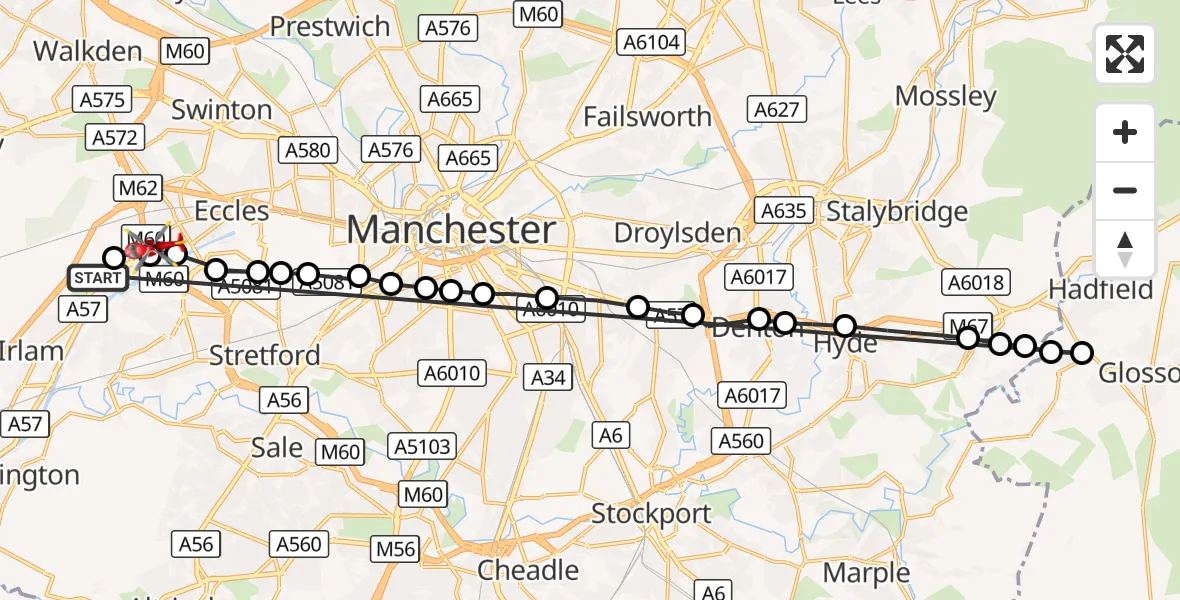 Flight route Air Ambulance Helicopter Manchester Barton Aerodrome - Irlam, 14 October 2026, 11:50