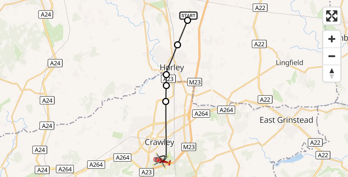 Flight route Air Ambulance Helicopter Redhill Aerodrome - Crawley, 14 October 2026, 12:05