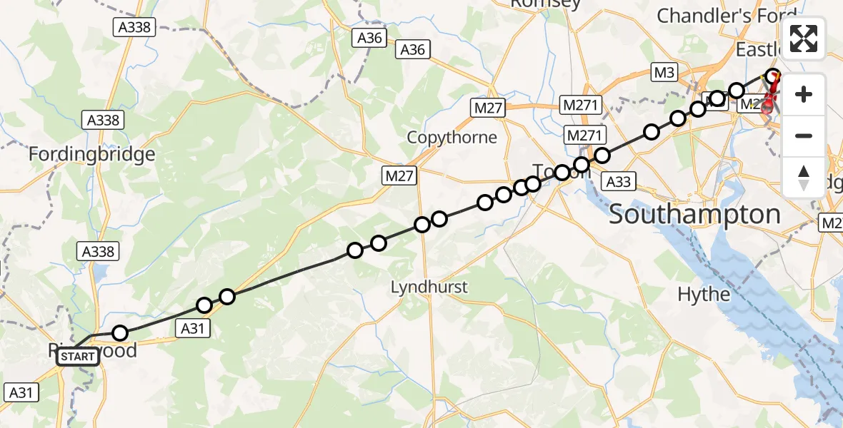 Flight route Air Ambulance Helicopter Ringwood - Southampton Airport, 14 October 2026, 12:08