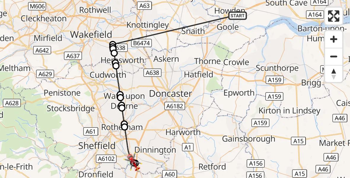 Flight route Air Ambulance Helicopter Balkholme - Rotherham, 14 October 2026, 12:38