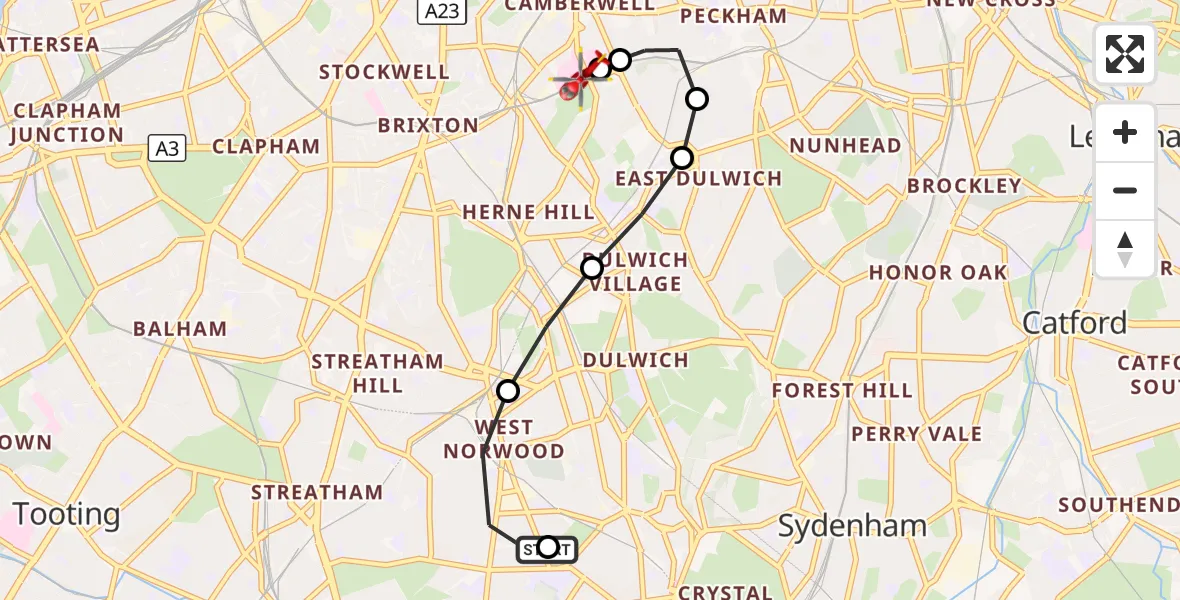 Flight route Air Ambulance Helicopter West Norwood - Kings College London Hospital, 14 October 2026, 12:39