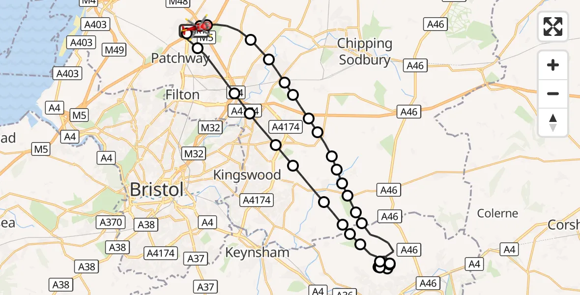 Flight route Air Ambulance Helicopter Almondsbury Helicopter Base - Almondsbury Helicopter Base, 14 October 2026, 13:00