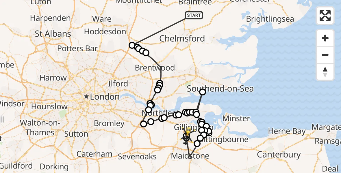 Flight route Police Helicopter Braintree - Rochester Airport, 14 October 2026, 13:02