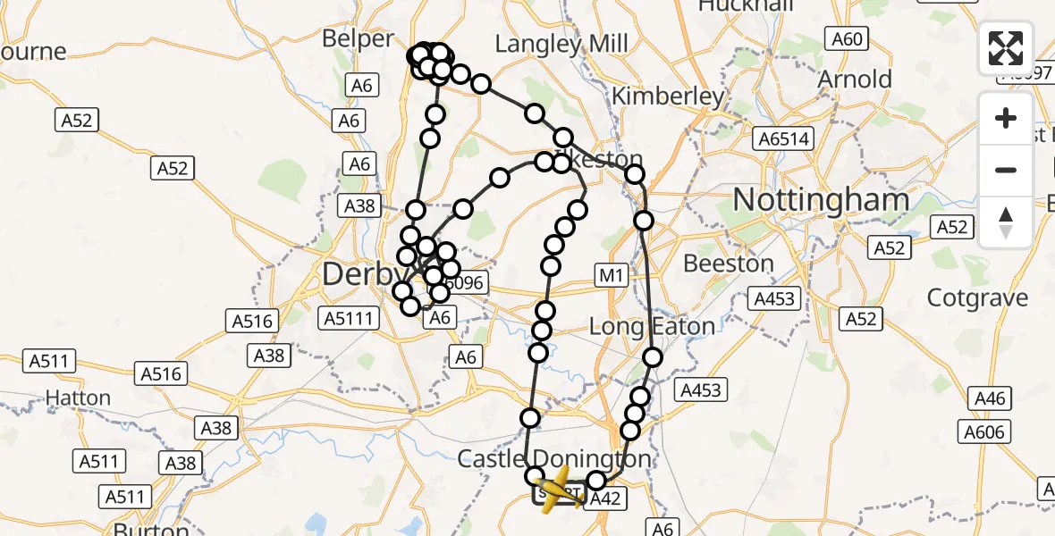 Flight route Police Aircraft East Midlands Airport - East Midlands Airport, 14 October 2026, 13:06