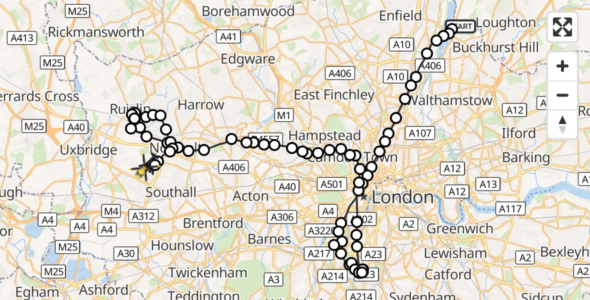 Flight route Police Helicopter Chingford - Yeading, 14 October 2026, 13:08