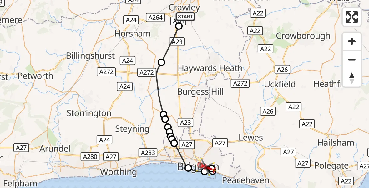 Flight route Air Ambulance Helicopter Crawley - Brighton, 14 October 2026, 13:09