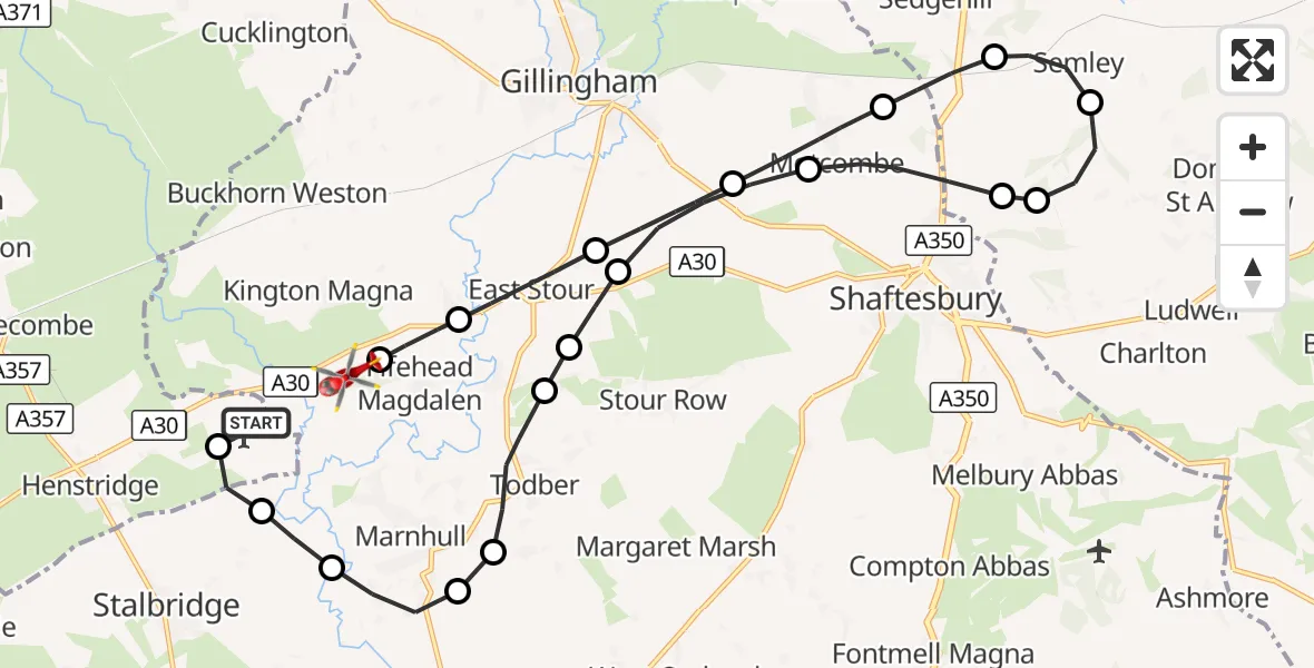Flight route Air Ambulance Helicopter Henstridge Airfield - West Stour, 14 October 2026, 13:11