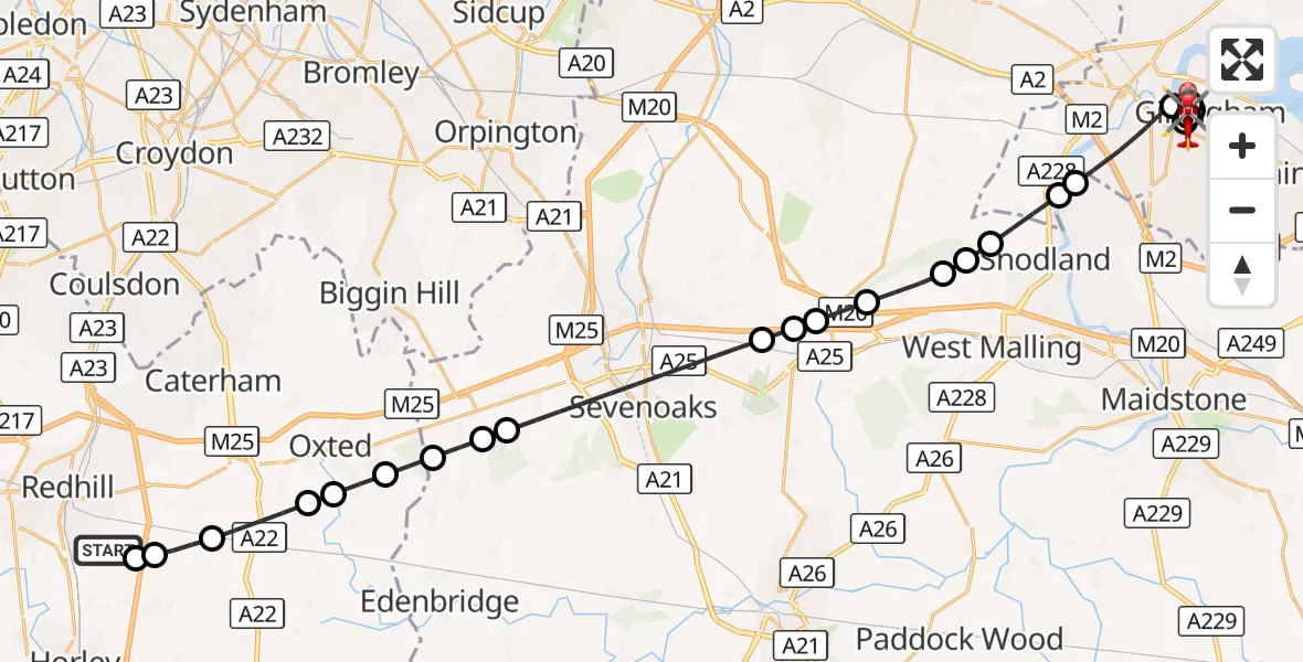 Flight route Air Ambulance Helicopter Redhill Aerodrome - Chatham, 14 October 2026, 13:11