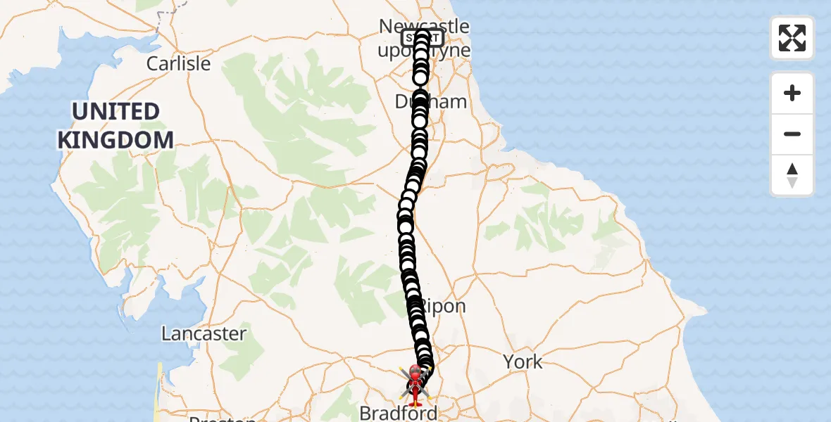 Flight route Air Ambulance Helicopter Newcastle Royal Victoria Infirmary - Leeds Heliport, 14 October 2026, 13:30