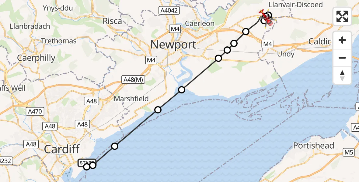 Flight route Air Ambulance Helicopter Cardiff Heliport - Parc Seymour, 14 October 2026, 13:31
