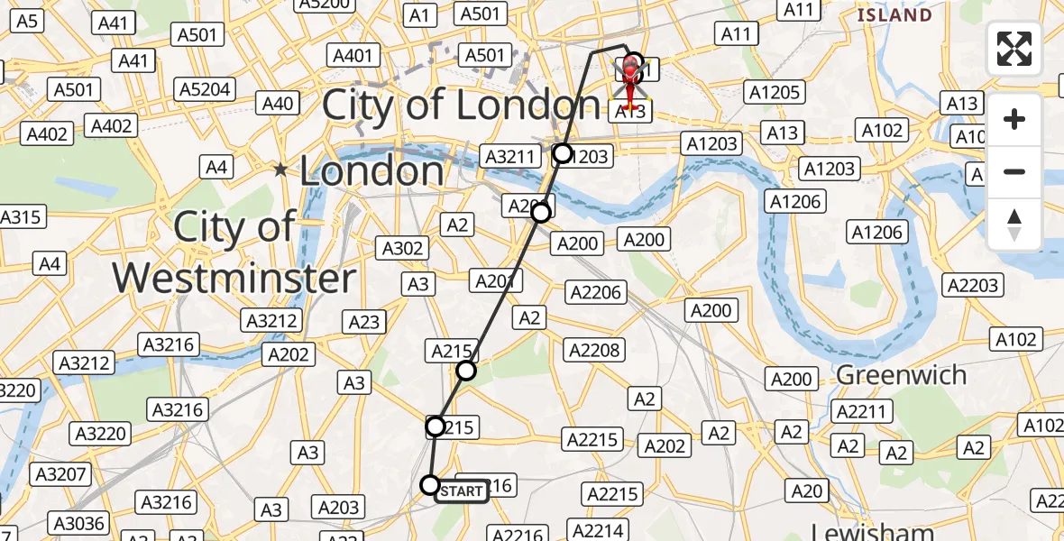 Flight route Air Ambulance Helicopter Kings College London Hospital - Royal London Hospital, 14 October 2026, 13:32