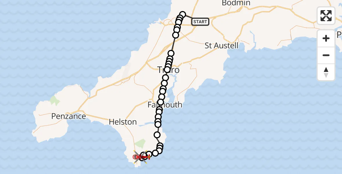 Flight route Air Ambulance Helicopter St. Columb Major - Ruan Minor, 14 October 2026, 13:36