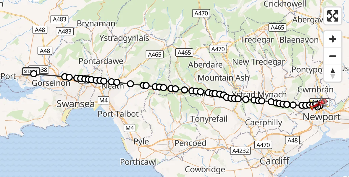 Flight route Air Ambulance Helicopter Dafen - Woodlands, 14 October 2026, 13:37