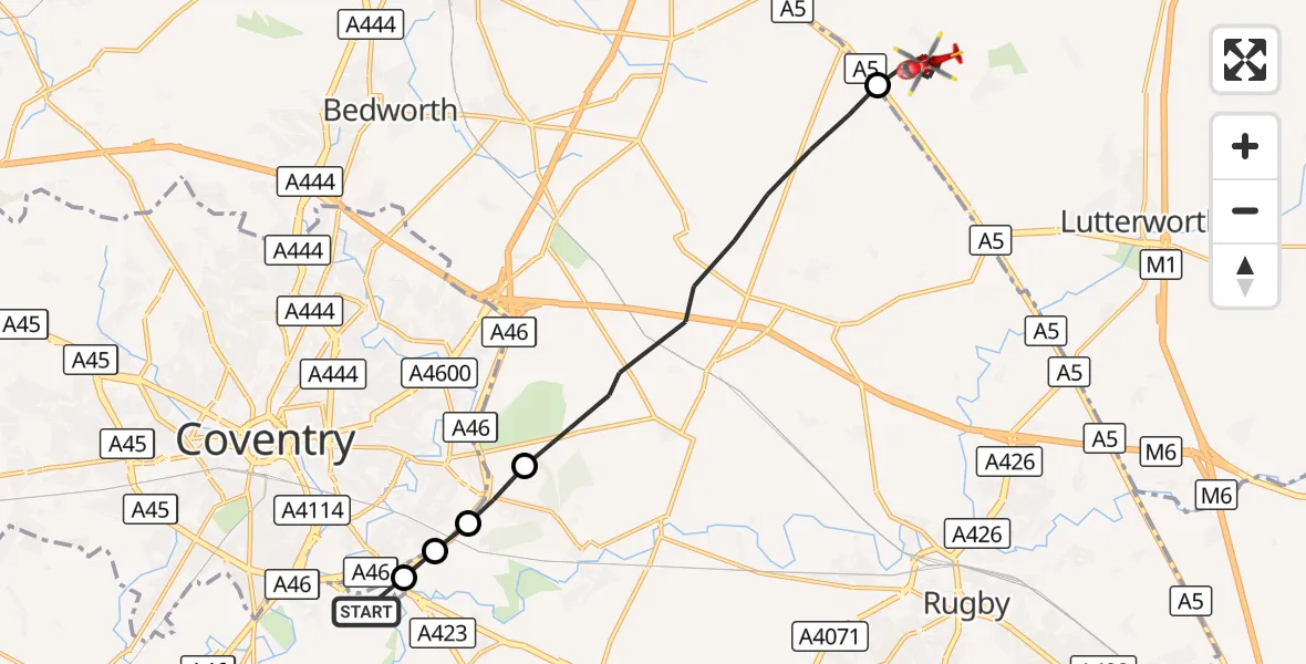 Flight route Air Ambulance Helicopter Coventry Airport - Claybrooke Parva, 14 October 2026, 13:53