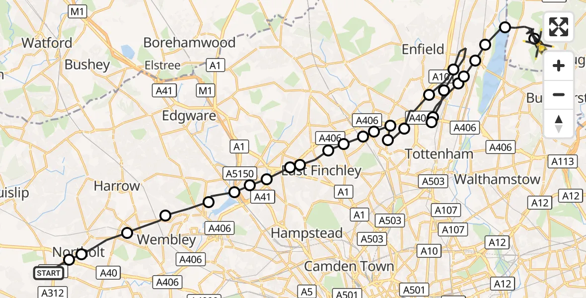 Flight route Police Helicopter Ealing - Sewardstonebury, 14 October 2026, 14:02