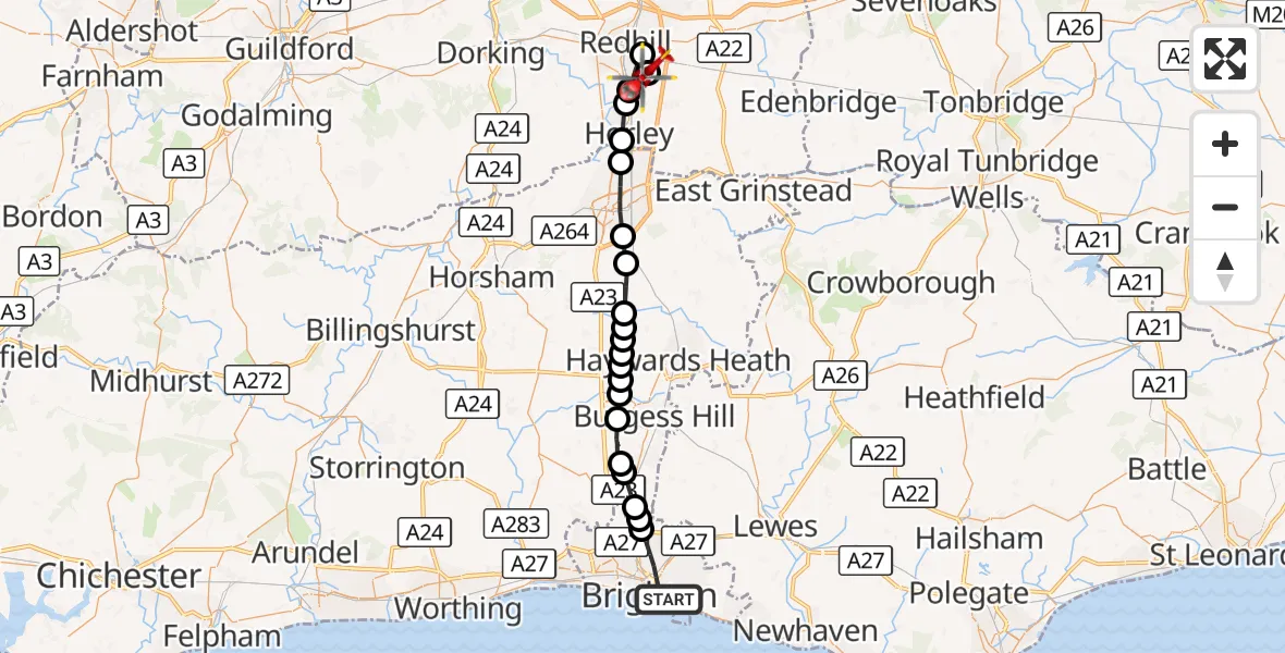 Flight route Air Ambulance Helicopter Brighton - Redhill Aerodrome, 14 October 2026, 14:09