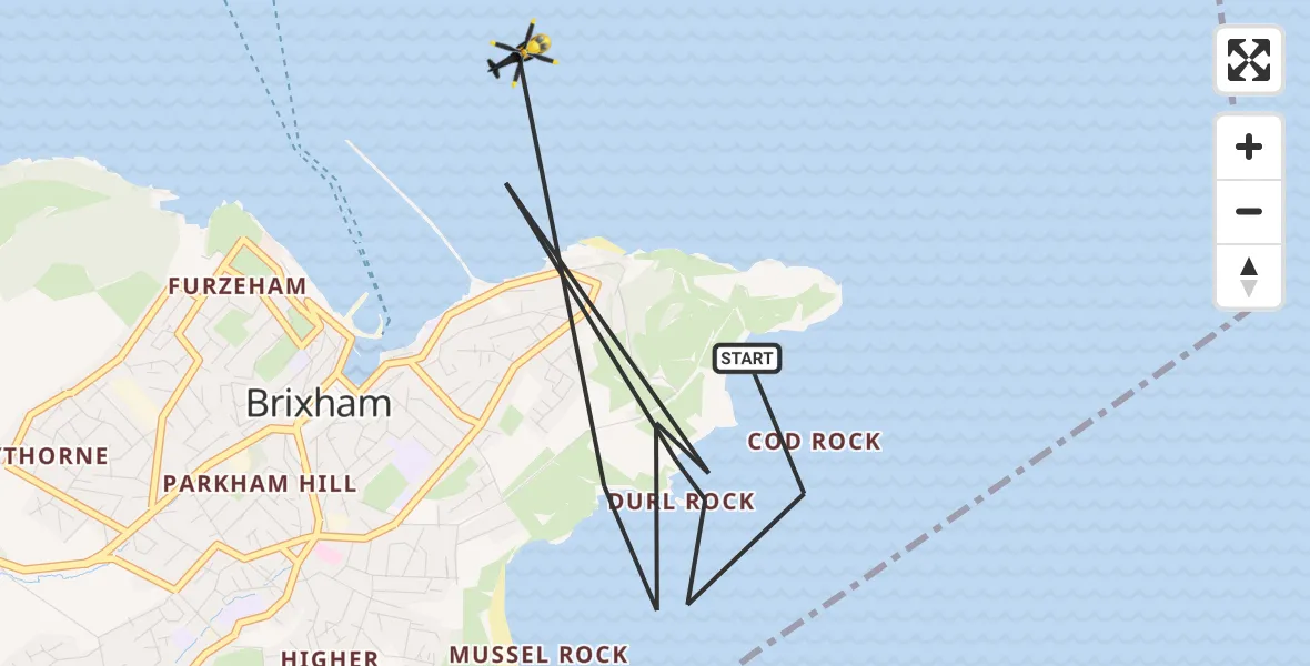 Flight route Police Helicopter Brixham - English Channel, 14 October 2026, 14:11