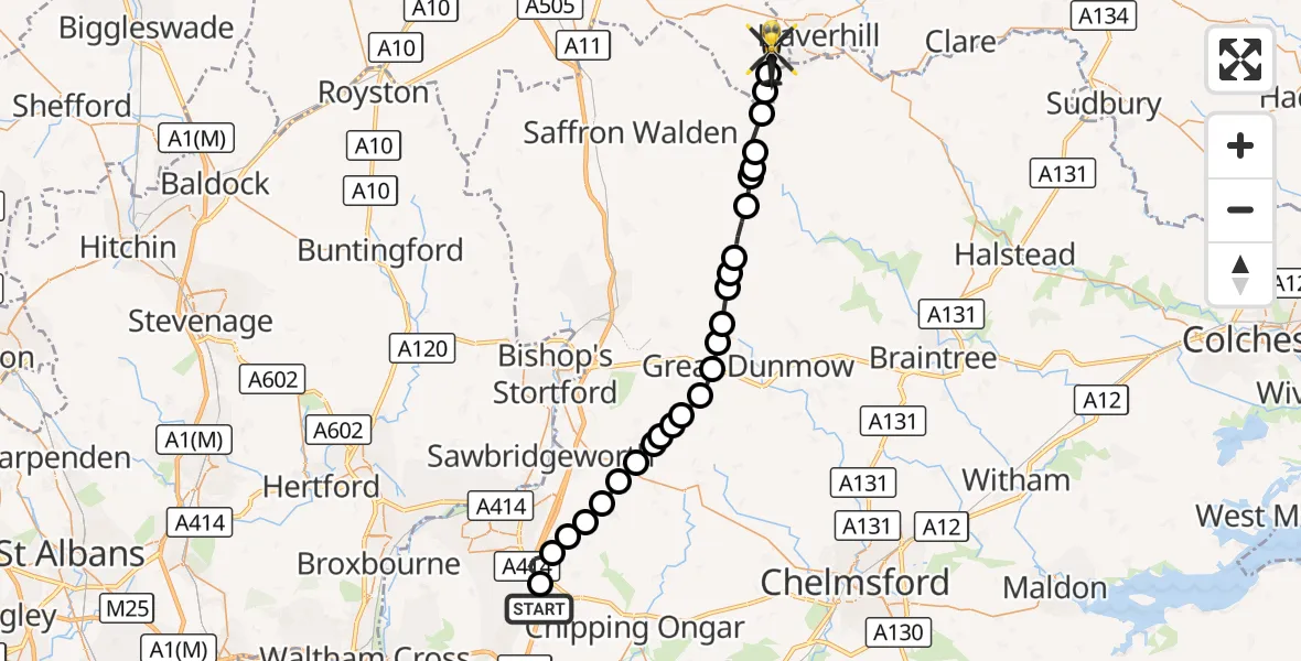 Flight route Police Helicopter North Weald Airfield - South Cambridgeshire, 14 October 2026, 14:11