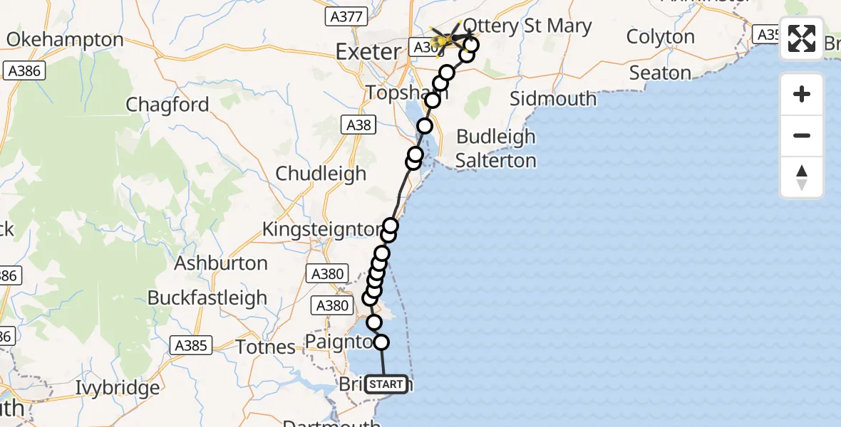Flight route Police Helicopter Brixham - Rockbeare, 14 October 2026, 14:15