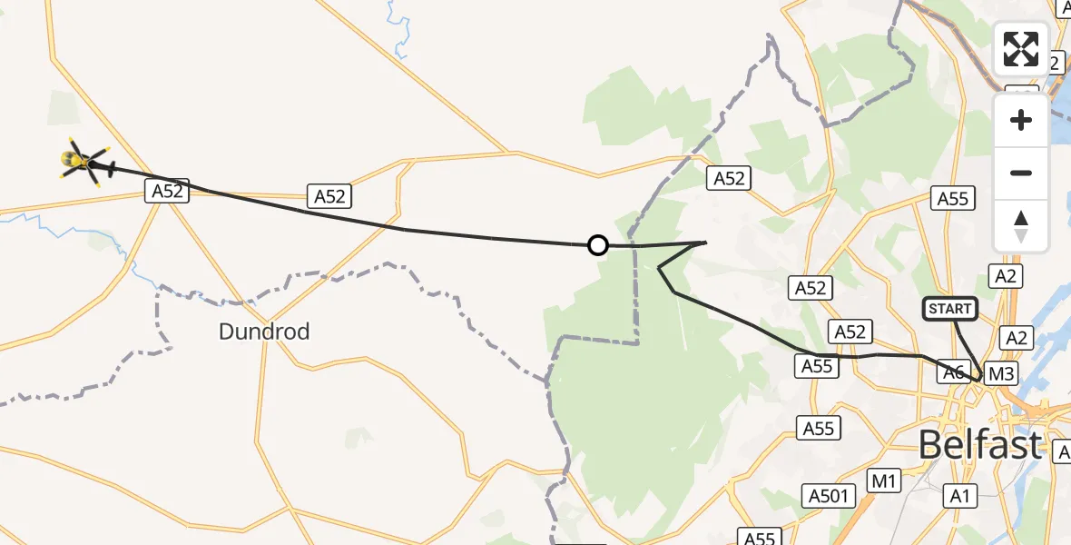 Flight route Police Helicopter Belfast City District - Antrim and Newtownabbey District, 14 October 2026, 14:20
