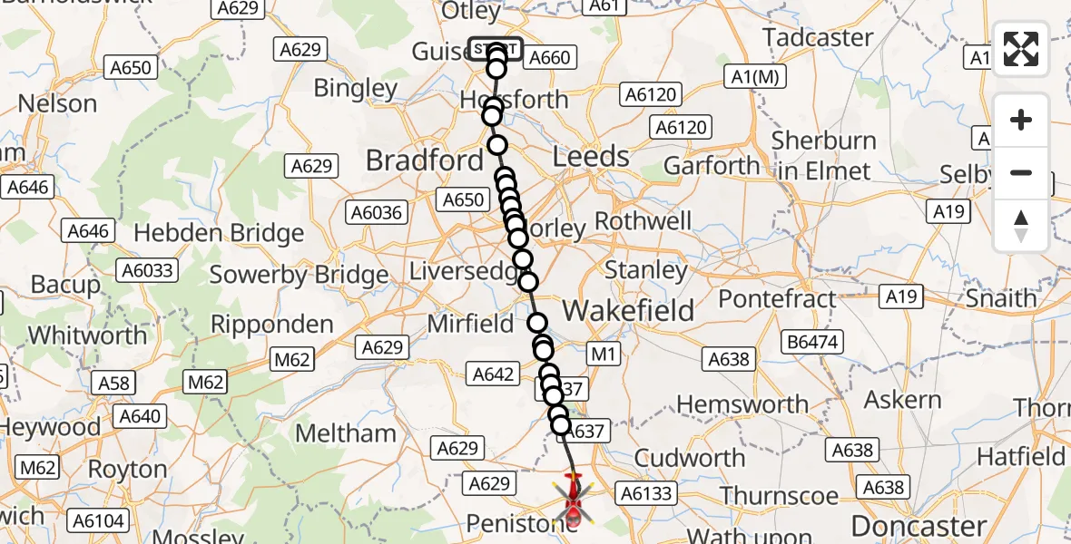 Flight route Air Ambulance Helicopter Leeds Heliport - Barnsley, 14 October 2026, 14:23