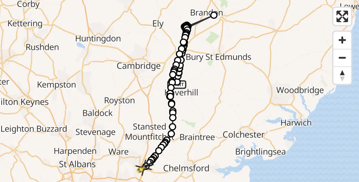 Flight route Police Helicopter RAF Wratting - North Weald Bassett, 14 October 2026, 14:26