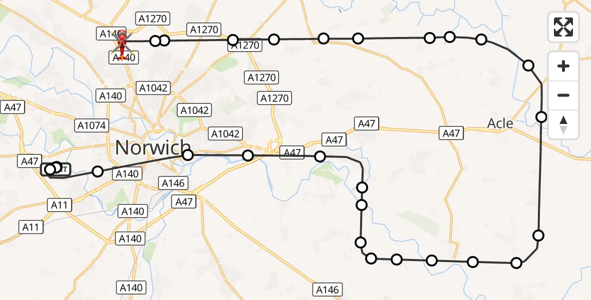 Flight route Air Ambulance Helicopter Norfolk & Norwich Hospital - Norwich Airport, 14 October 2026, 14:33