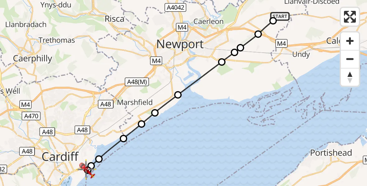 Flight route Air Ambulance Helicopter Parc Seymour - Cardiff Heliport, 14 October 2026, 14:37