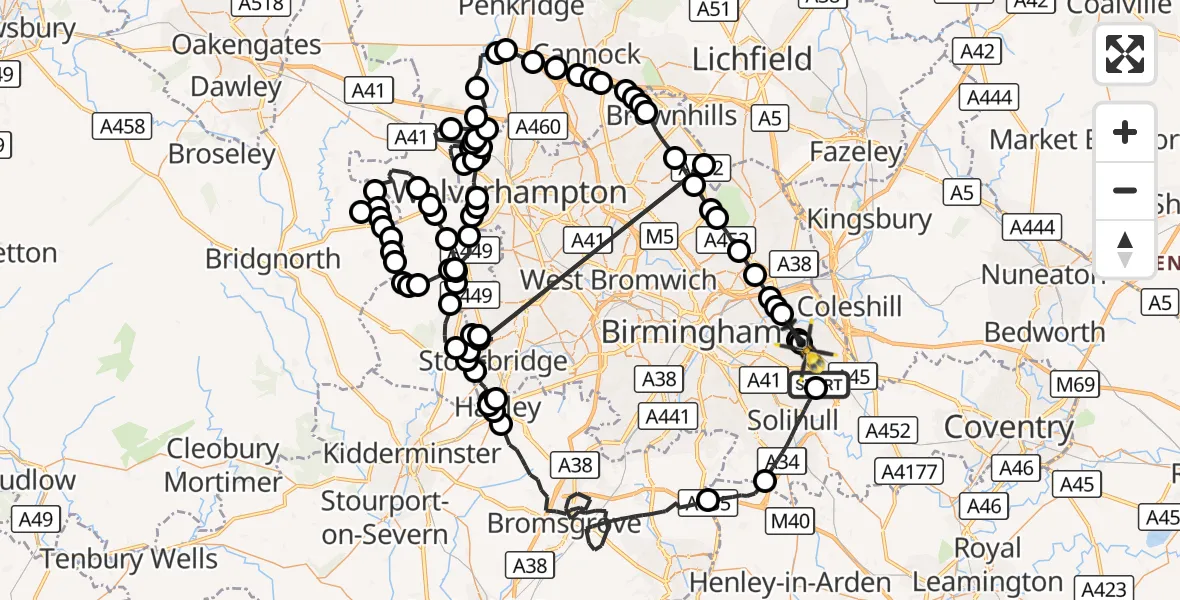 Flight route Police Helicopter Birmingham Airport - Tile Cross, 14 October 2026, 14:41