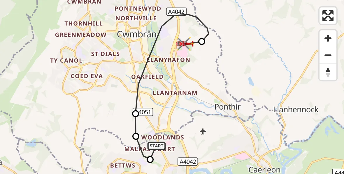 Flight route Air Ambulance Helicopter Woodlands - Grange University Hospital Heliport, 14 October 2026, 14:43