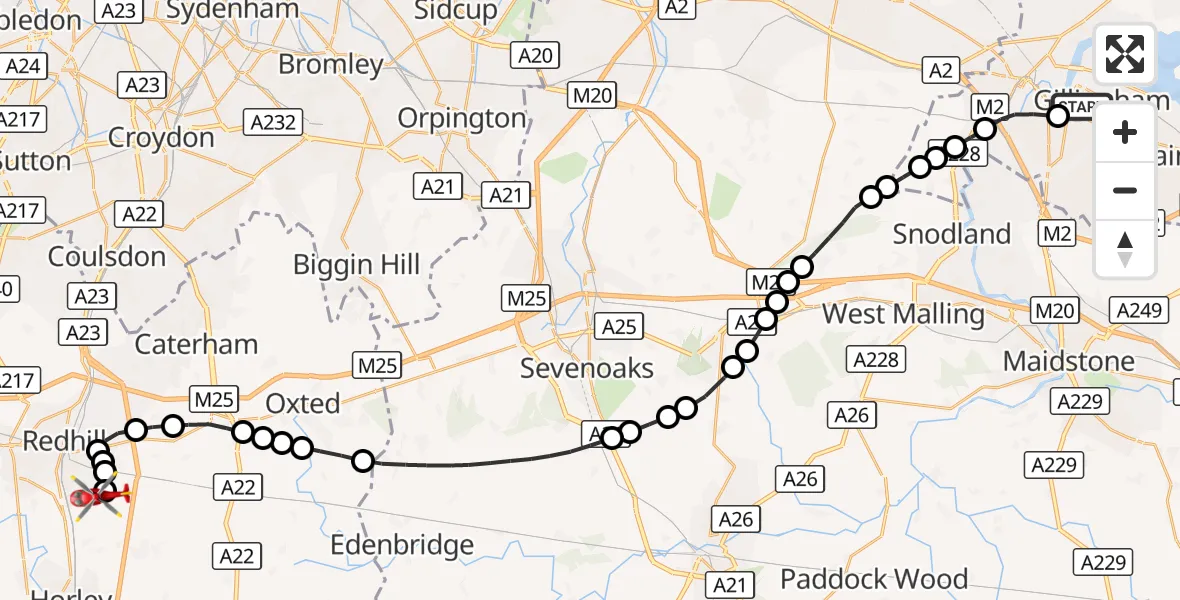 Flight route Air Ambulance Helicopter Chatham - Redhill Aerodrome, 14 October 2026, 14:43