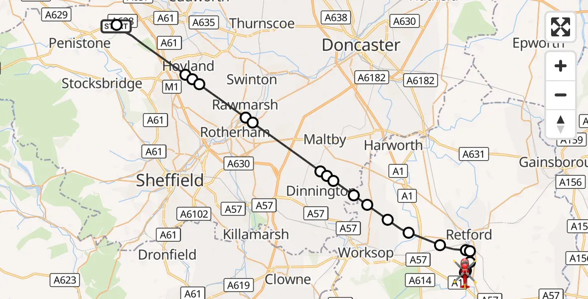Flight route Air Ambulance Helicopter Barnsley - Retford Gamston Airport, 14 October 2026, 14:52