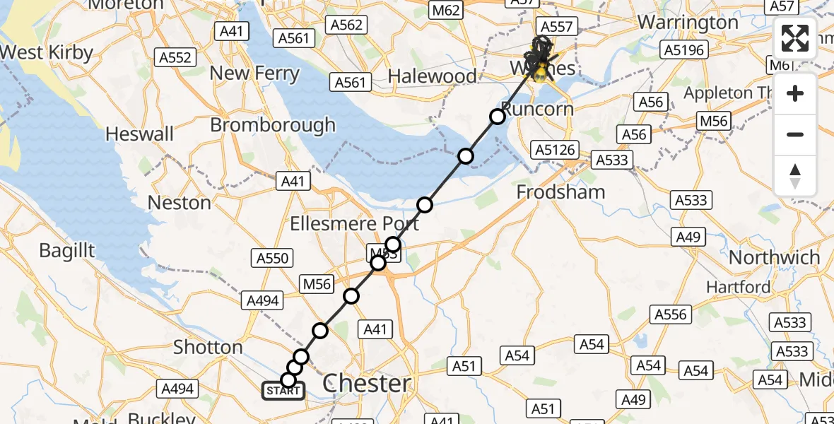 Flight route Police Helicopter Hawarden Airport - Widnes, 14 October 2026, 14:53