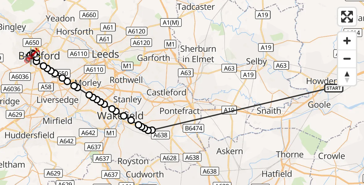 Flight route Air Ambulance Helicopter Balkholme - Great Horton, 14 October 2026, 14:58