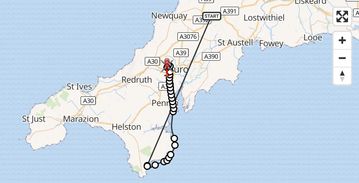 Flight route Air Ambulance Helicopter St. Columb Major - Treliske Hospital, 14 October 2026, 14:59
