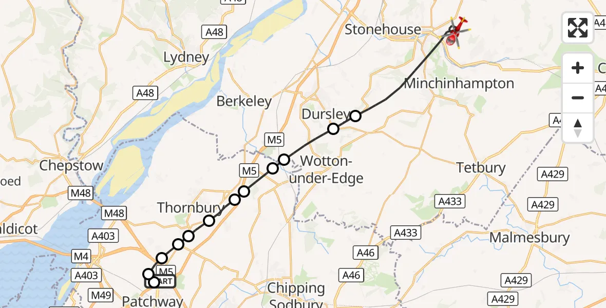 Flight route Air Ambulance Helicopter Almondsbury Helicopter Base - Stroud, 14 October 2026, 15:05
