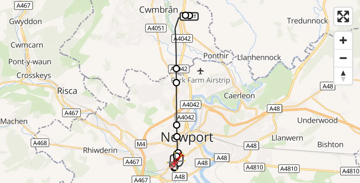 Flight route Air Ambulance Helicopter Grange University Hospital Heliport - Pillgwenlly, 14 October 2026, 15:19