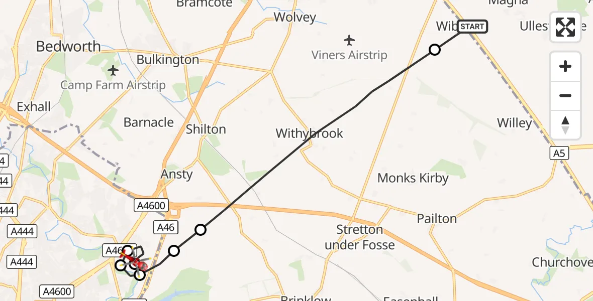 Flight route Air Ambulance Helicopter Claybrooke Parva - University Hospital Coventry, 14 October 2026, 15:27