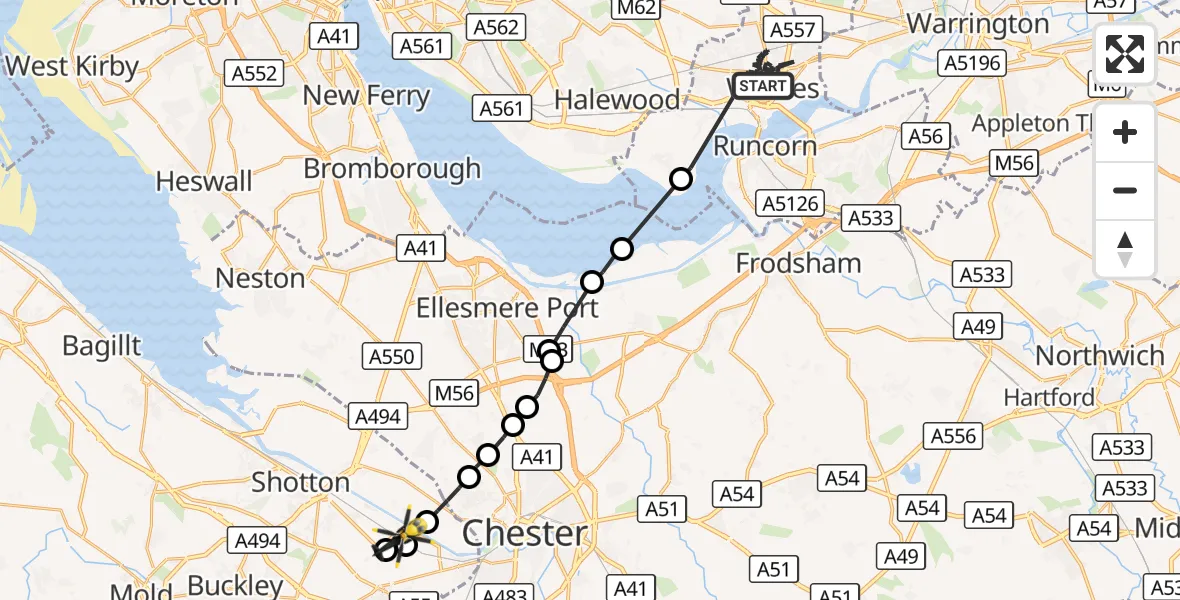 Flight route Police Helicopter Widnes - Sandycroft, 14 October 2026, 15:29