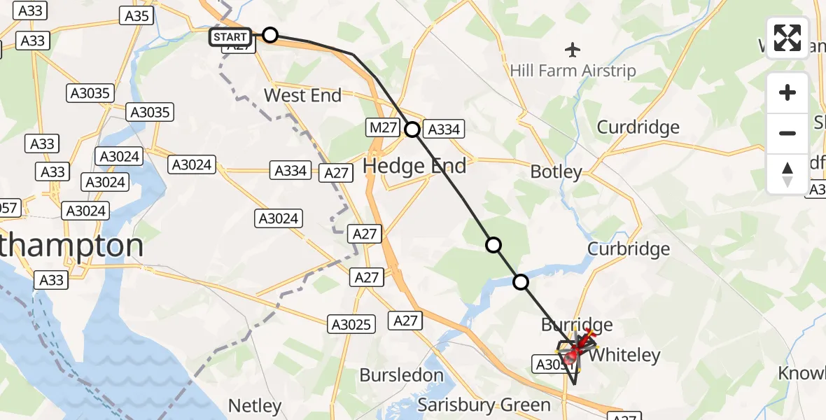 Flight route Air Ambulance Helicopter Townhill Park - Fareham, 14 October 2026, 15:29