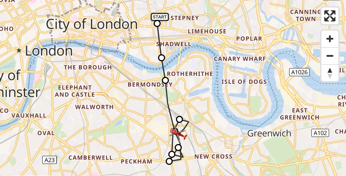 Flight route Air Ambulance Helicopter Royal London Hospital - New Cross Gate, 14 October 2026, 15:55