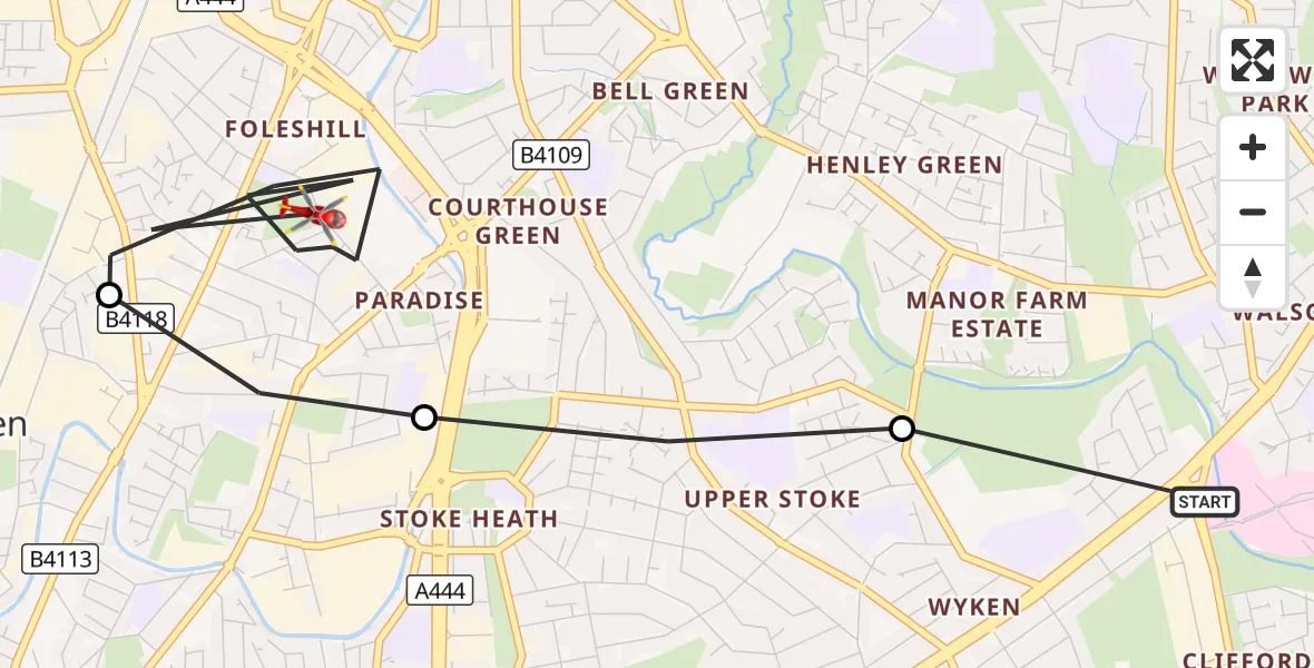 Flight route Air Ambulance Helicopter Clifford Park - Daimler Green, 14 October 2026, 15:59